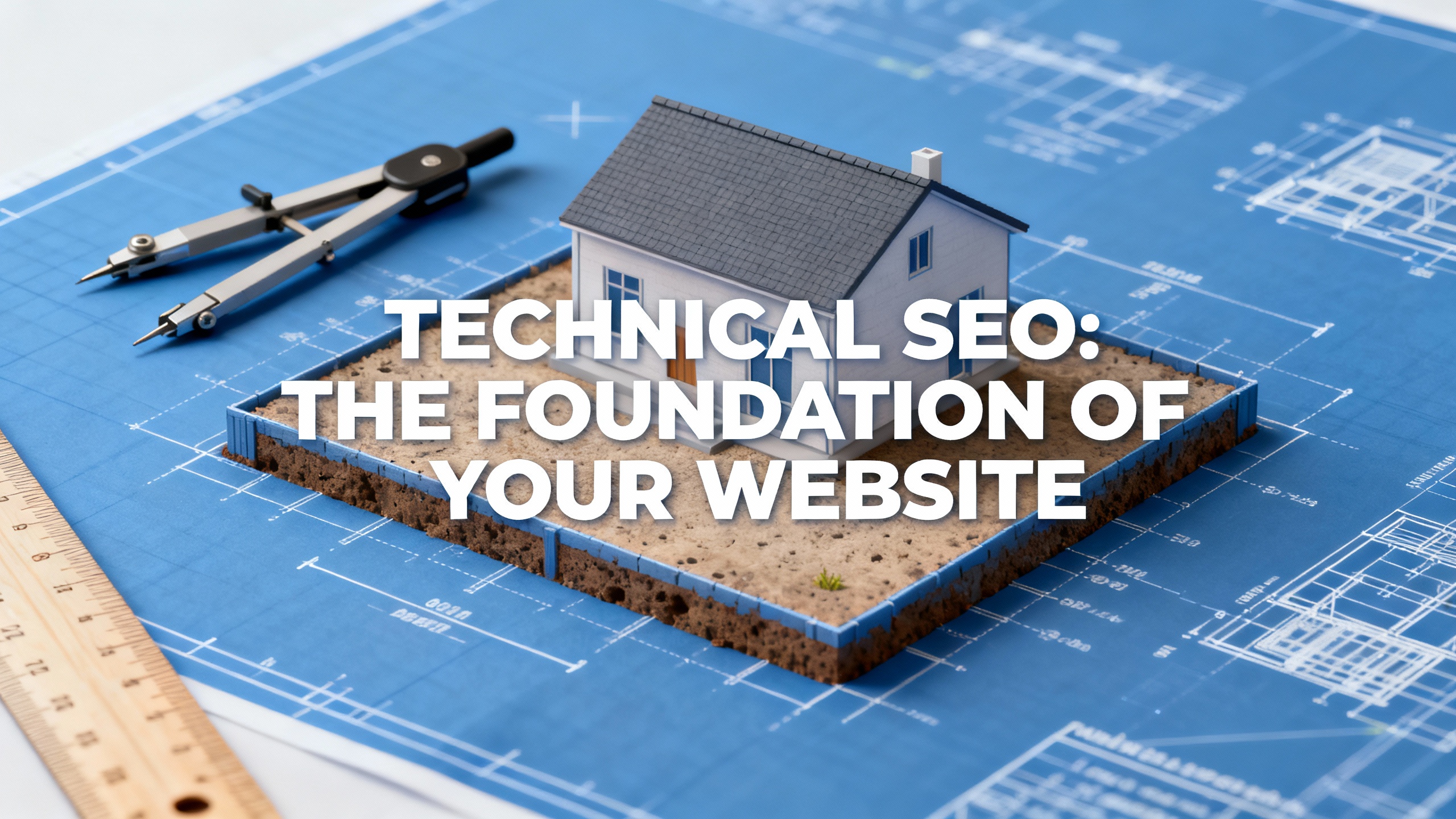 Blueprint-style illustration of a house foundation, symbolizing the importance of technical SEO as t...