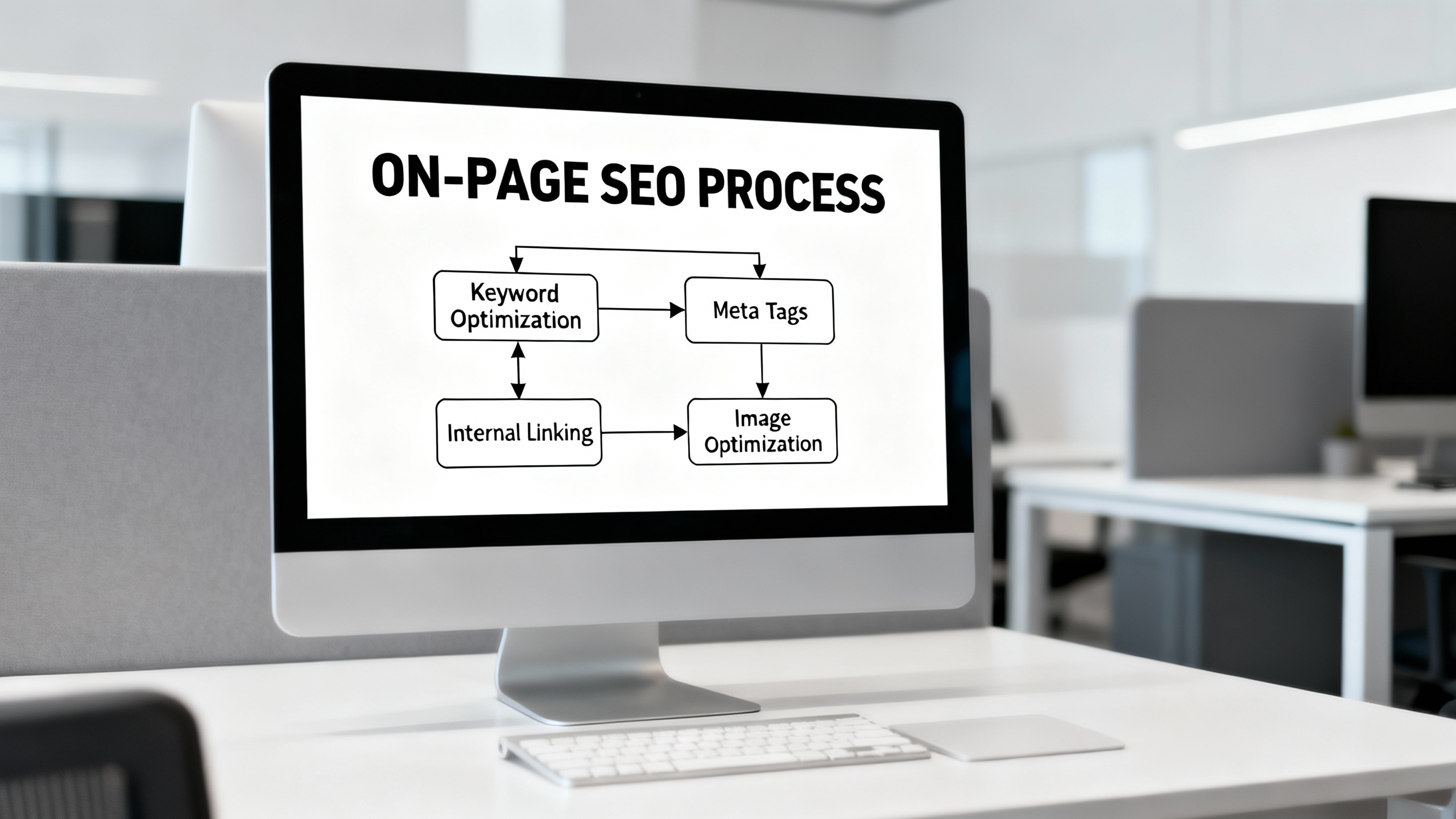 Flowchart of on-page SEO process including keyword optimization, meta tags, headings, internal linki...