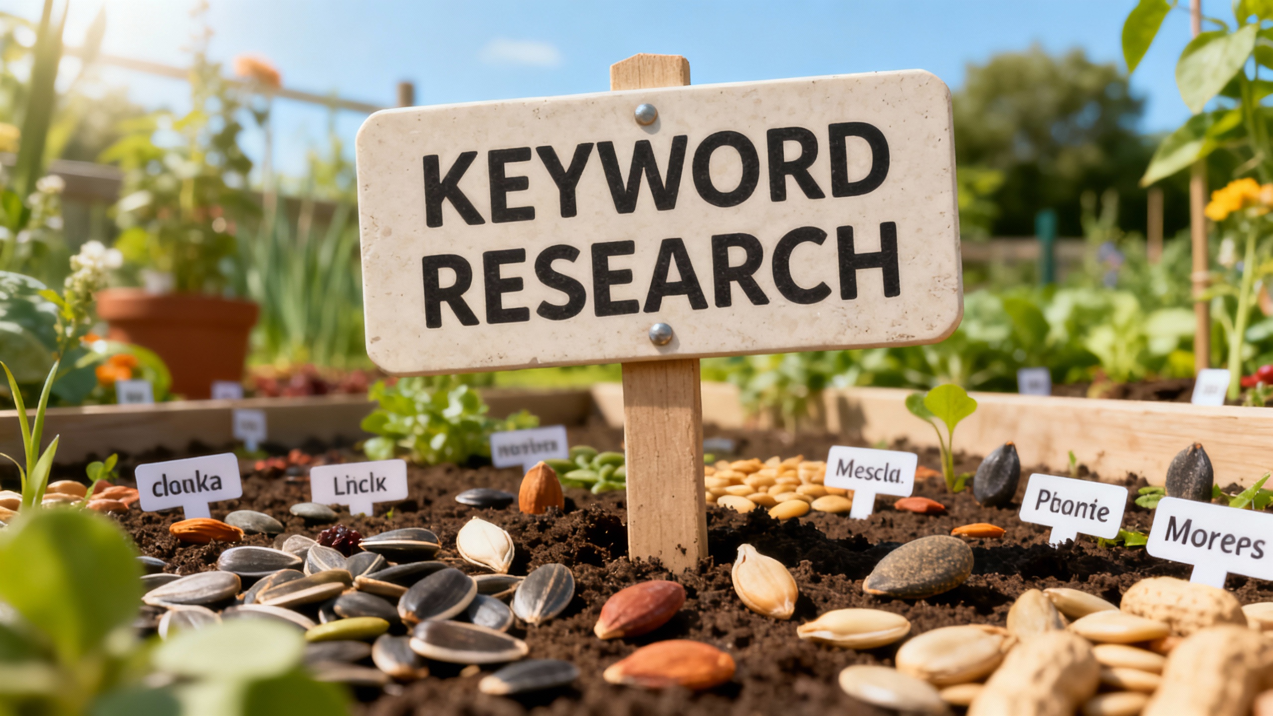 Visual representation of keyword research as a gardener selecting seeds, with keywords depicted as s...