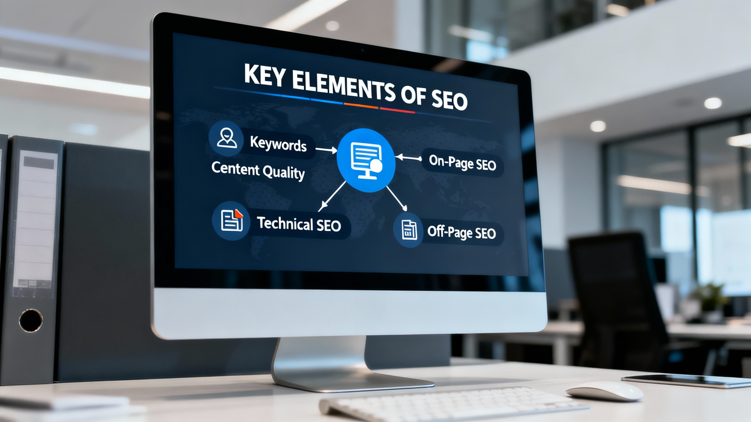 Diagram showing the key elements of SEO: Keywords, Content Quality, On-Page SEO, Technical SEO, and ...