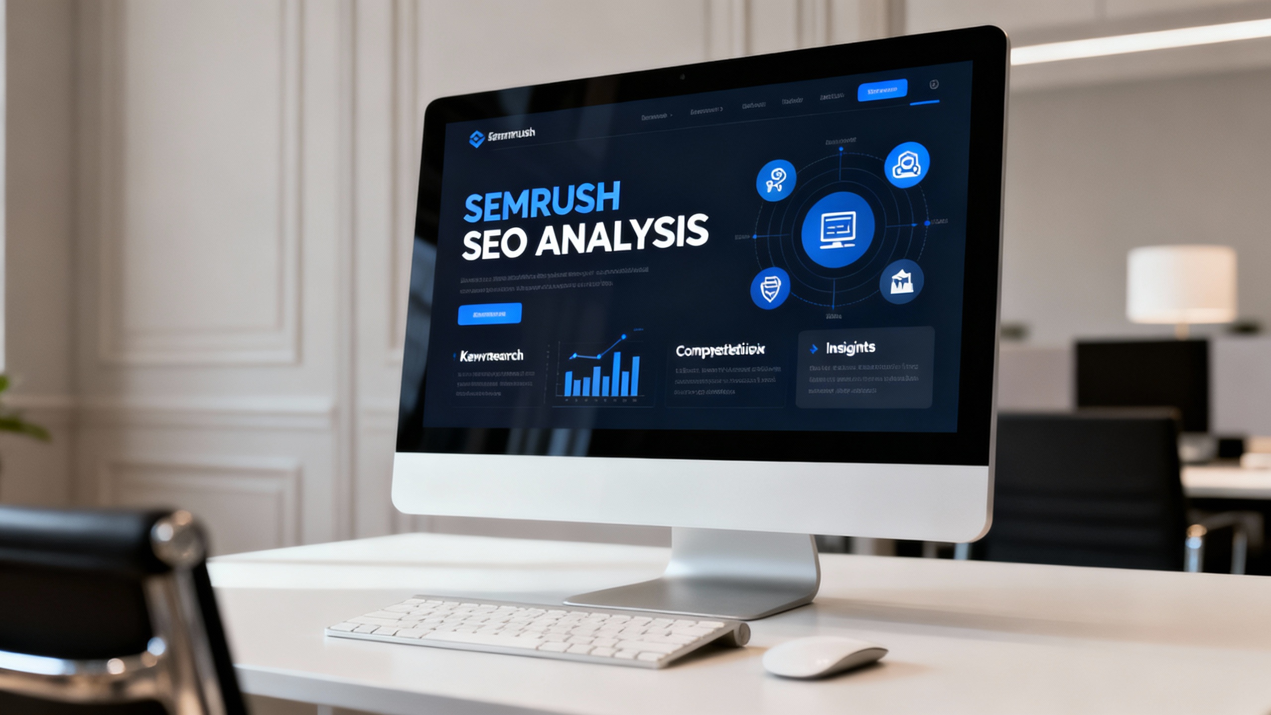 An infographic illustrating SEMrush's comprehensive SEO analysis features, with icons representing k...