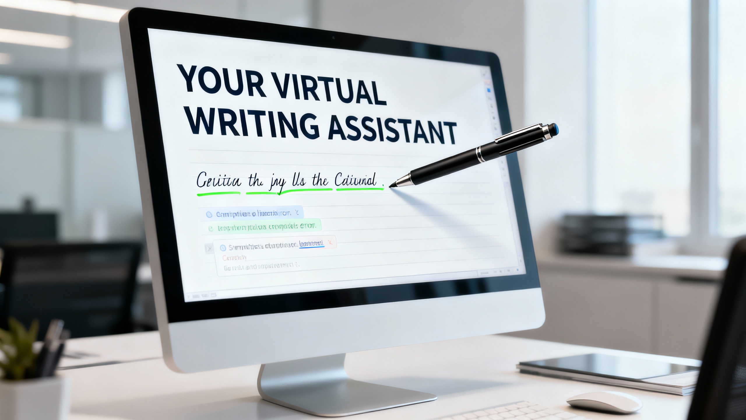 A visual representation of Grammarly as a virtual writing assistant, featuring a digital pen correct...