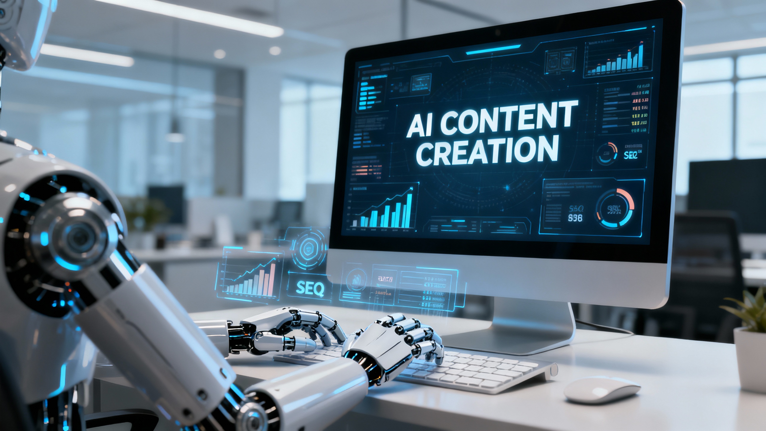 A conceptual image depicting AI technology in action, with a robotic hand typing on a keyboard, symb...