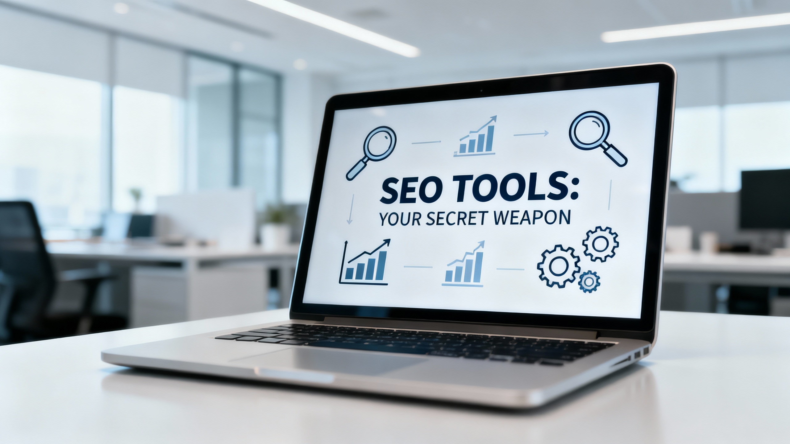 An illustration showing the concept of SEO tools as a 'secret weapon' for content creators, featurin...