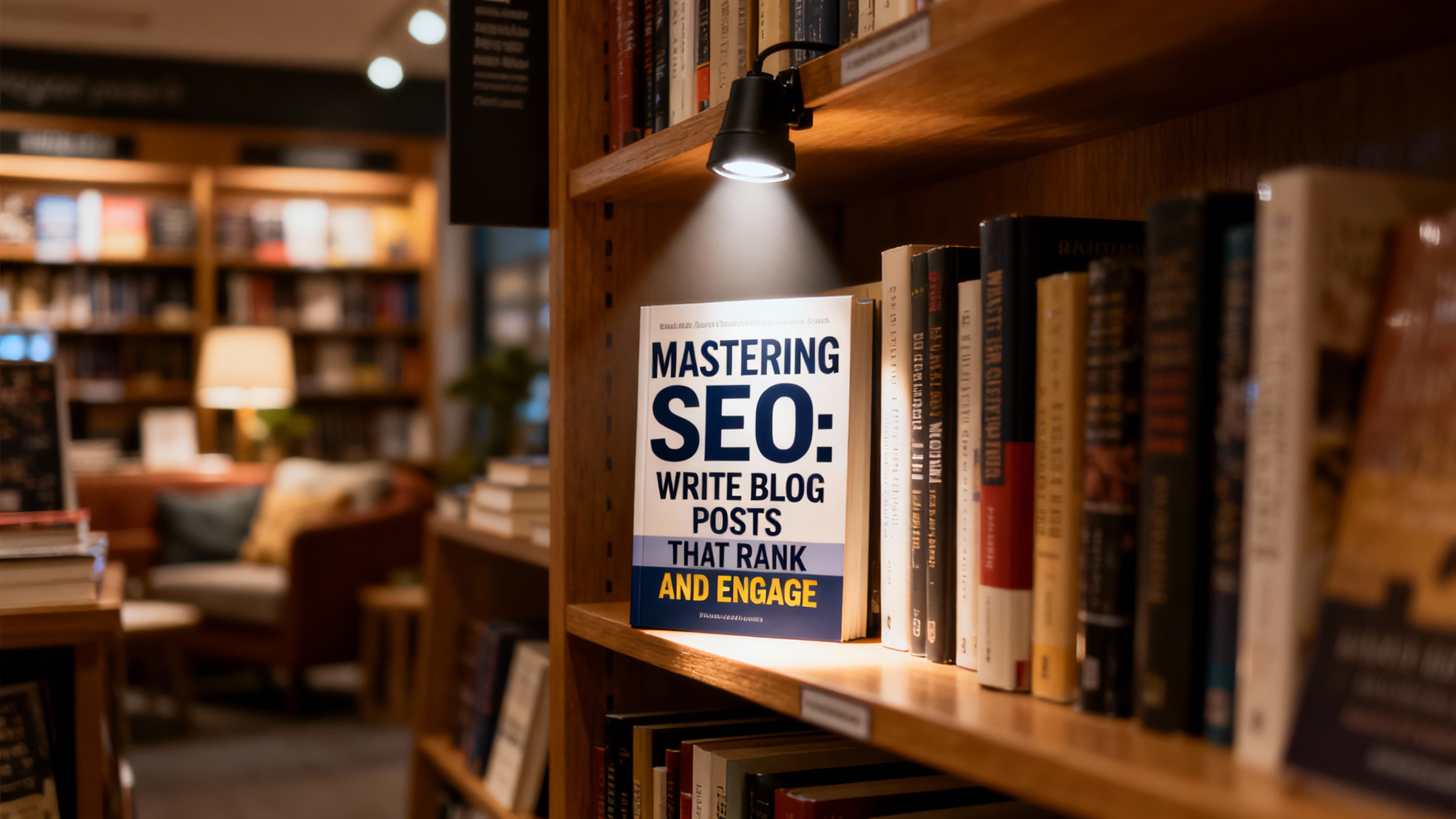 A creative illustration of a bookstore with a spotlight on a book titled 'Mastering SEO: Write Blog ...