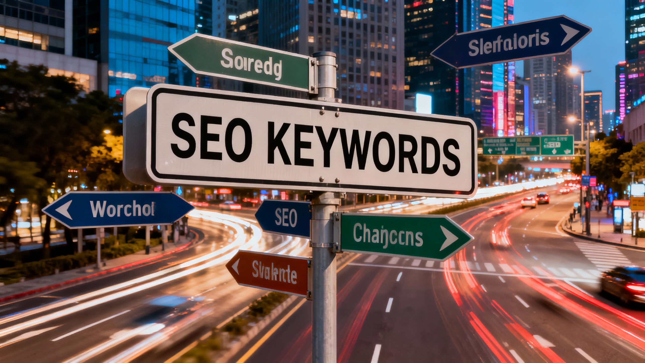 An abstract illustration depicting a bustling city with roads and street signs labeled with SEO keyw...