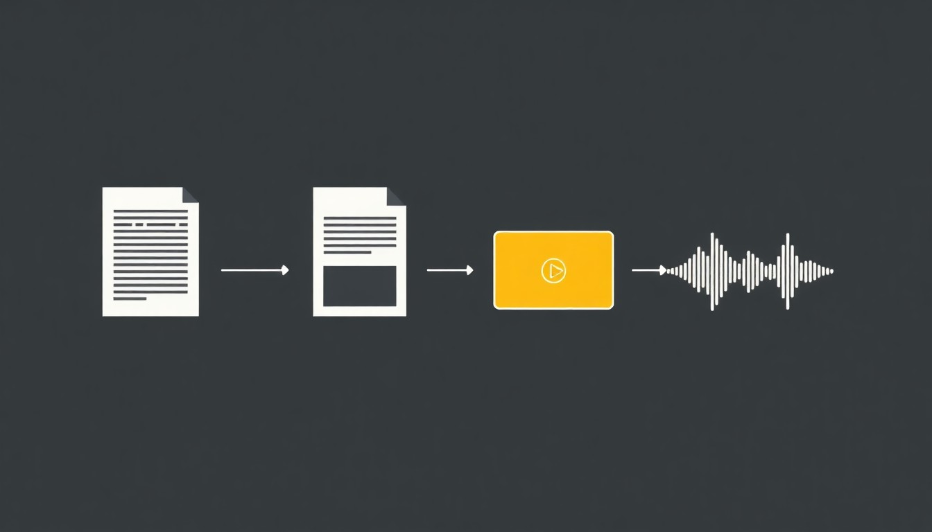 Illustration of one source document being repurposed into article, social, video and audio formats
