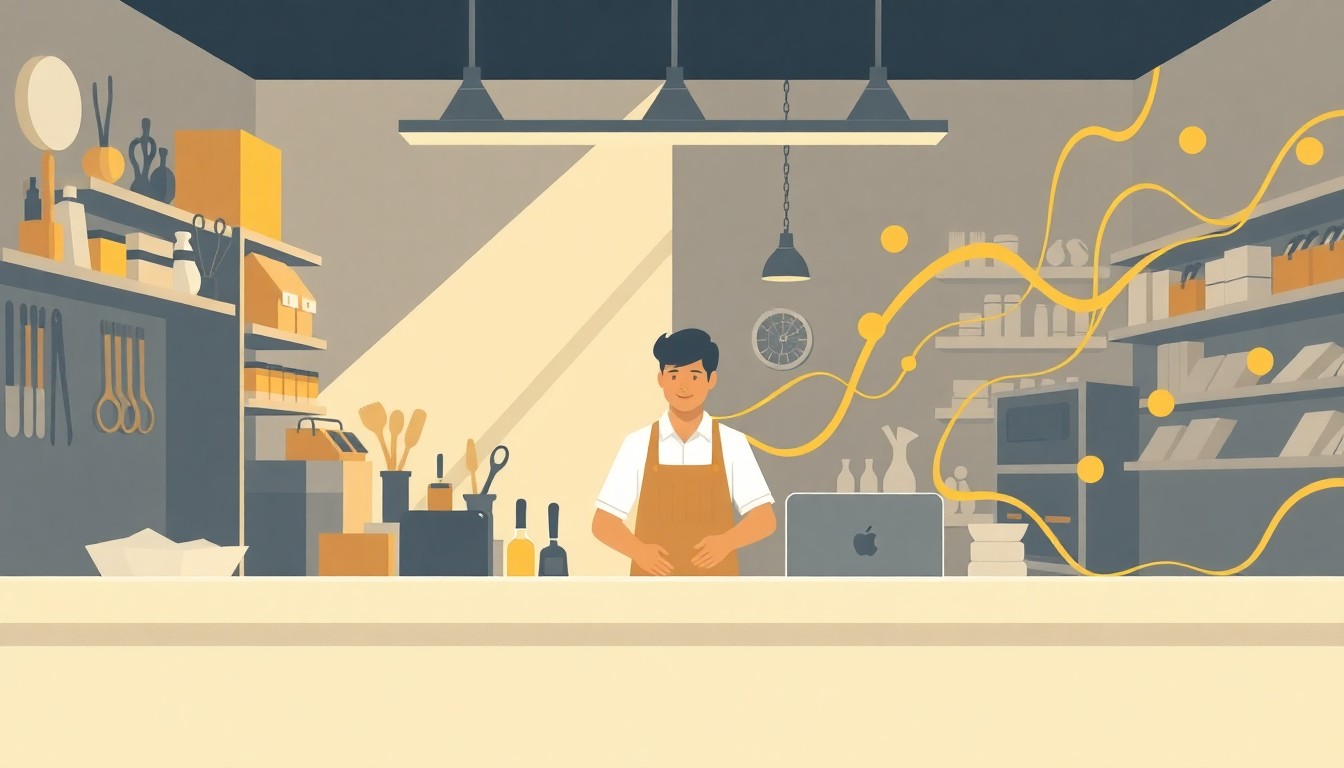Illustration of a small business owner working between physical and digital tools