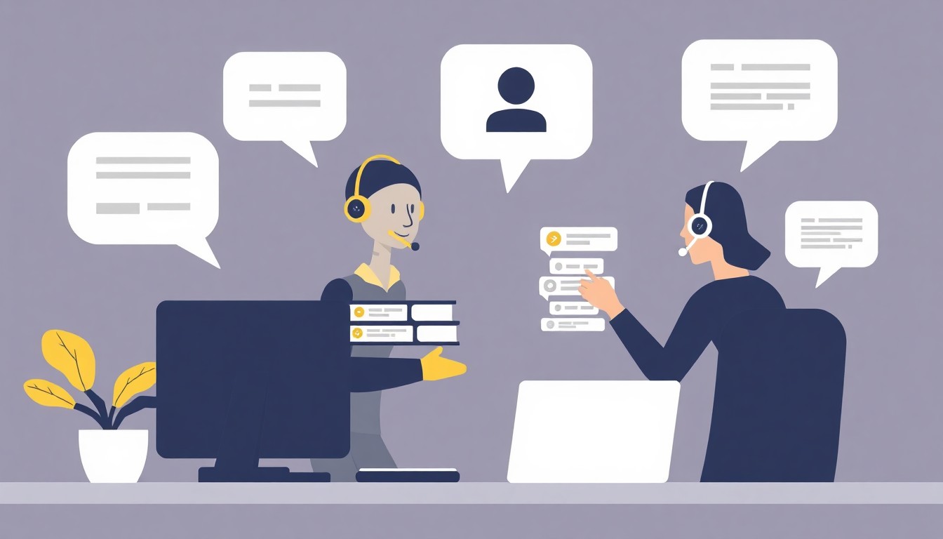 Illustration of AI handling routine support requests and escalating complex ones to a human