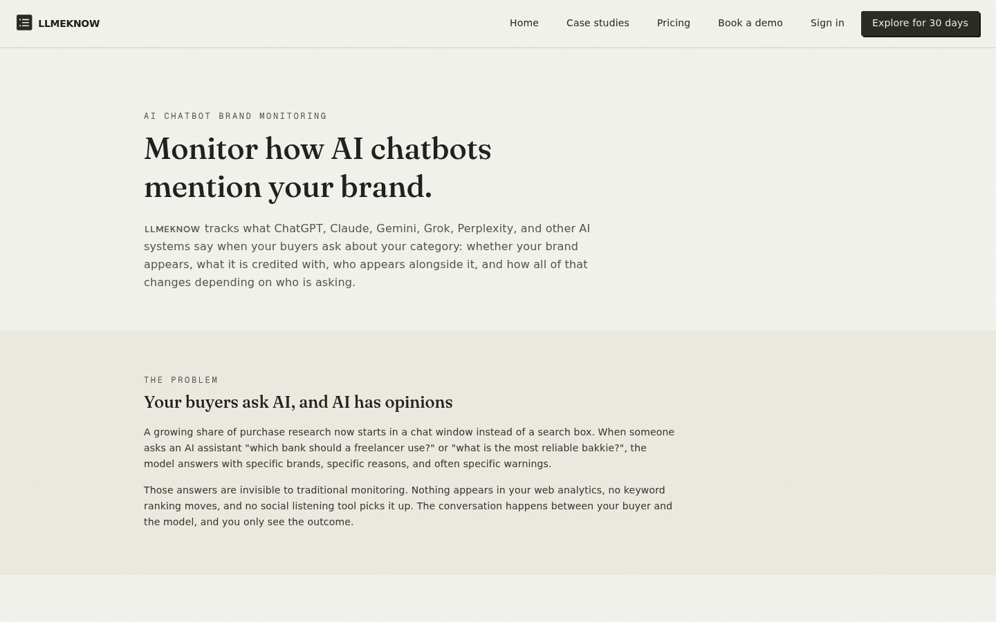 llmeknow AI chatbot brand monitoring product page