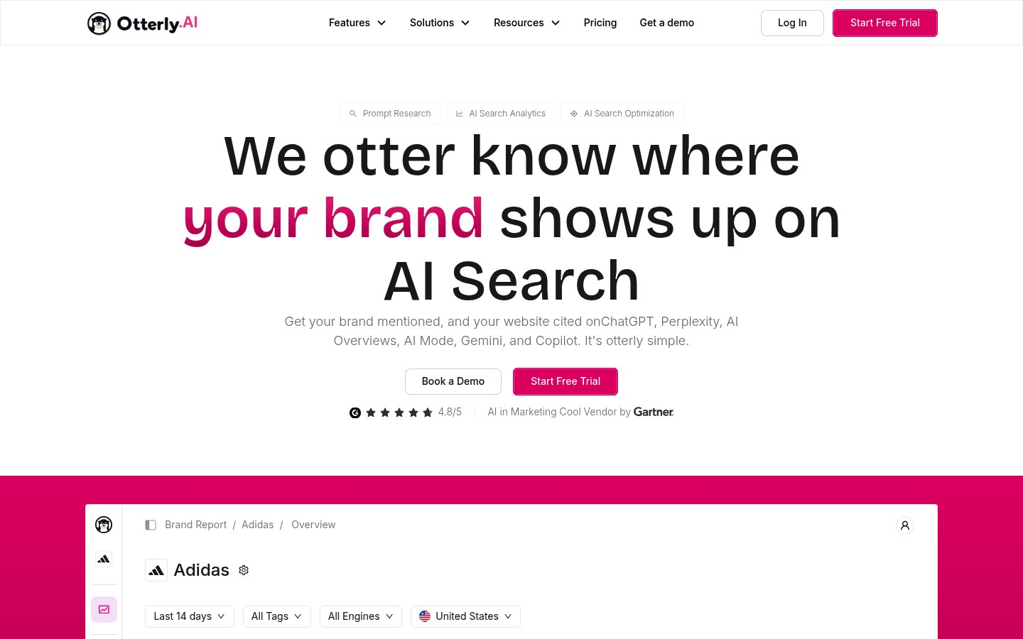 OtterlyAI homepage showing brand mention and average position dashboard across AI search engines