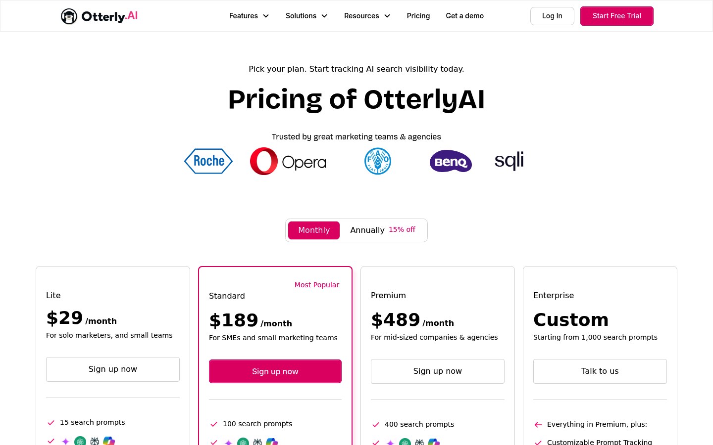 Otterly.AI pricing page showing Lite, Standard, Premium and Enterprise tiers