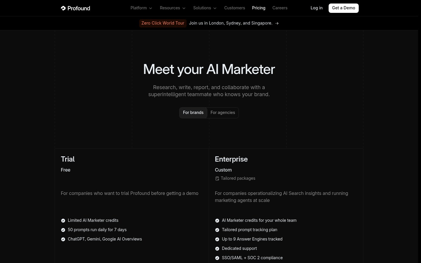 Profound pricing page showing only a free Trial and a custom Enterprise plan for brands