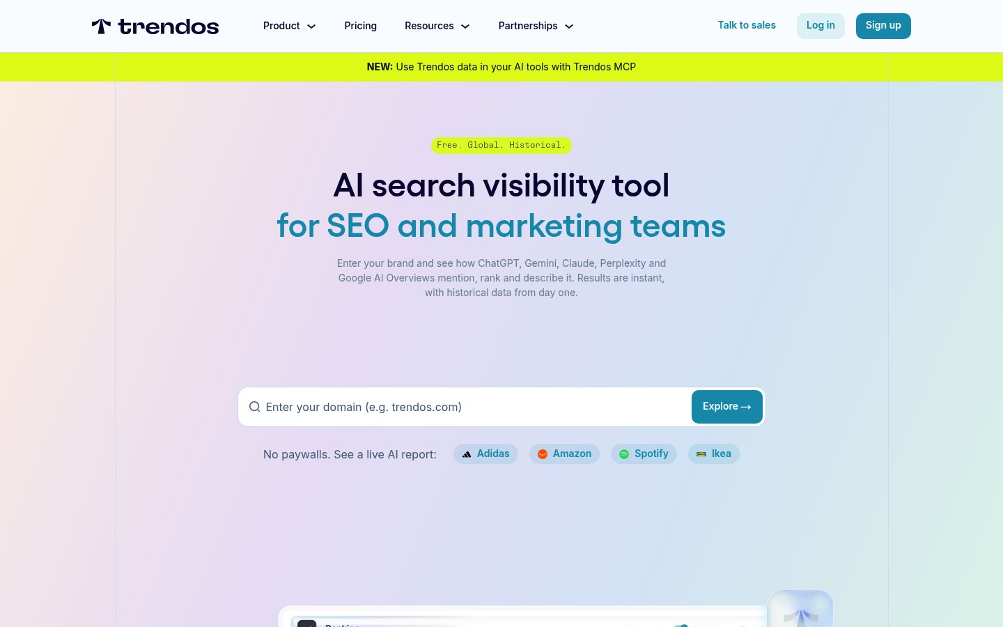 Trendos homepage showing the brand search bar for AI visibility reports